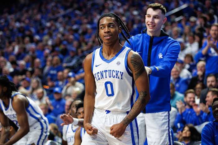 Jan 9, 2024; Lexington, Kentucky, USA; Kentucky Wildcats guard Rob Dillingham (0) celebrates during the second half against the Missouri Tigers at Rupp Arena at Central Bank Center. Mandatory Credit: Jordan Prather-USA TODAY Sports